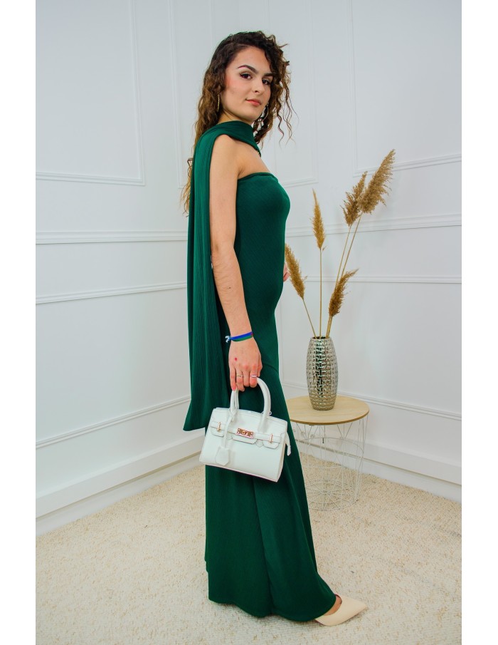 Robe longue vert foncé bustier côtelée avec foulard – Taille unique femme 34 à 42
