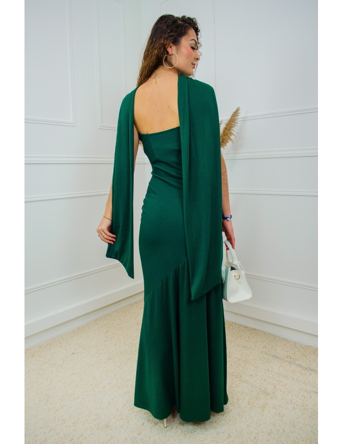 Robe longue vert foncé bustier côtelée avec foulard – Taille unique femme 34 à 42
