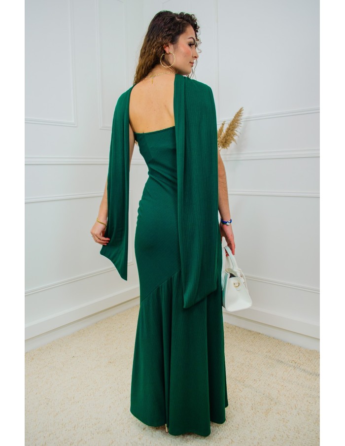 Robe longue vert foncé bustier côtelée avec foulard – Taille unique femme 34 à 42