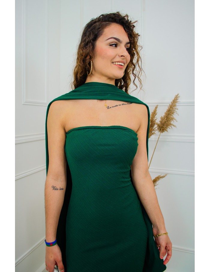 Robe longue vert foncé bustier côtelée avec foulard – Taille unique femme 34 à 42