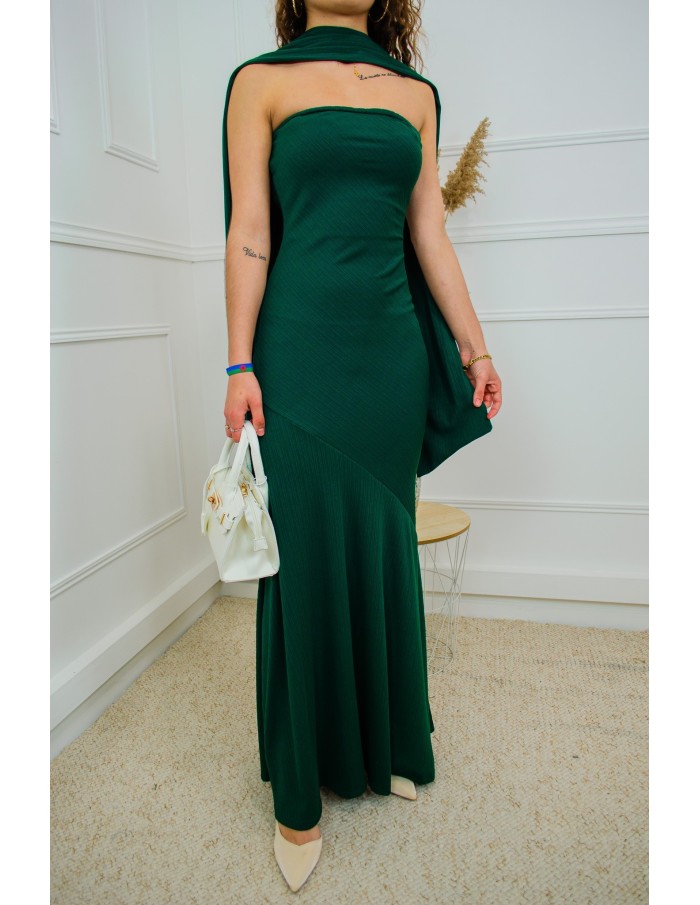 Robe longue vert foncé bustier côtelée avec foulard – Taille unique femme 34 à 42