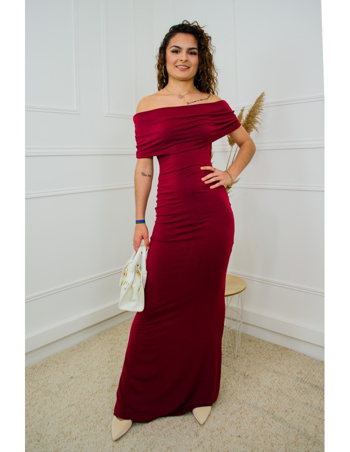 Robe longue bordeaux moulante épaules dénudées – Taille unique 34 à 42