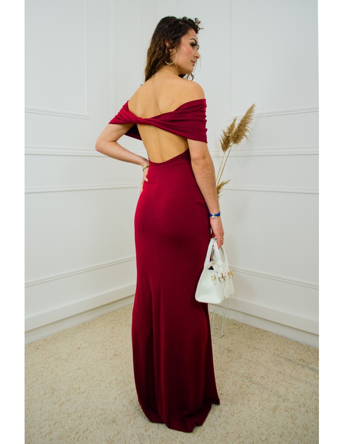 Robe longue bordeaux moulante épaules dénudées – Taille unique 34 à 42