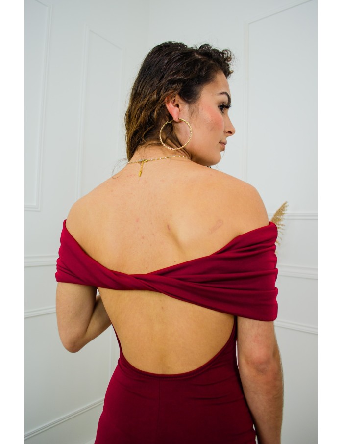 Robe longue bordeaux moulante épaules dénudées – Taille unique 34 à 42