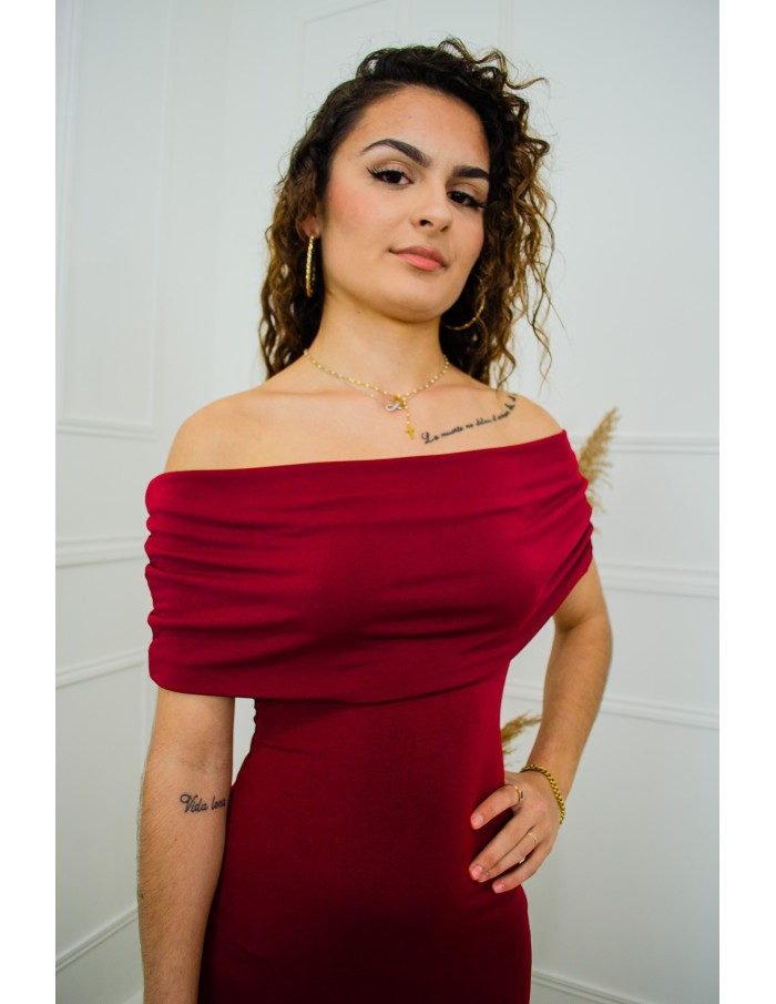 Robe longue bordeaux moulante épaules dénudées – Taille unique 34 à 42
