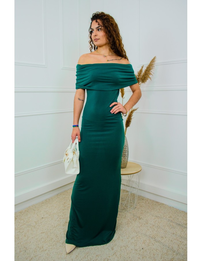 Robe longue vert foncé moulante épaules dénudées – Taille unique 34 à 42