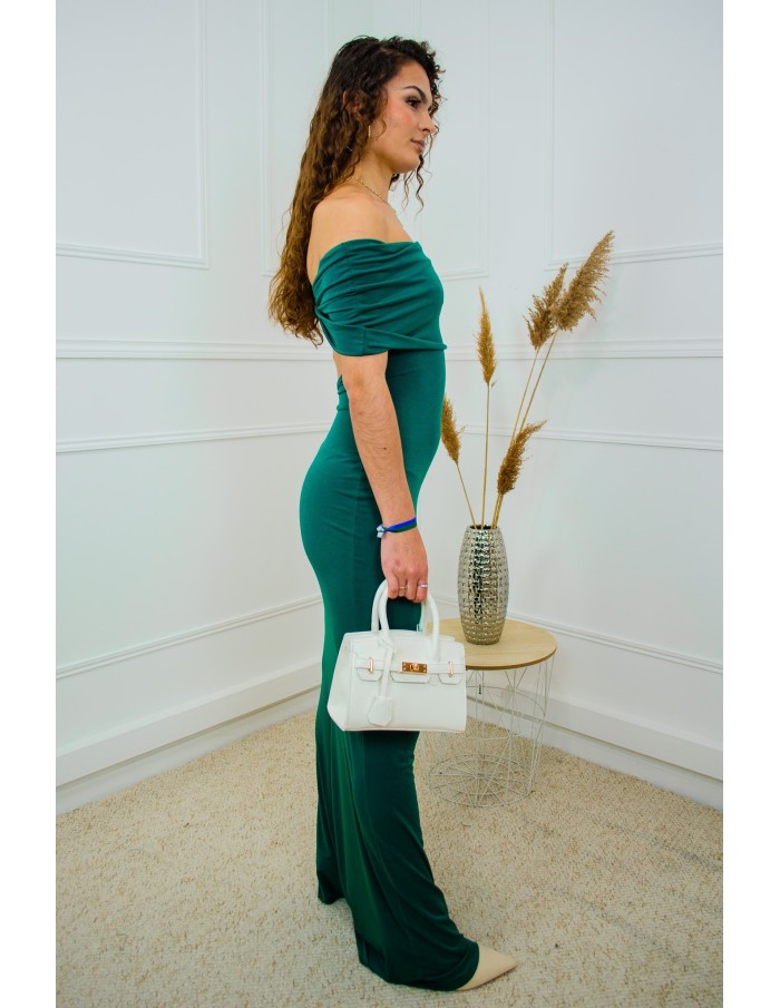 Robe longue vert foncé moulante épaules dénudées – Taille unique 34 à 42