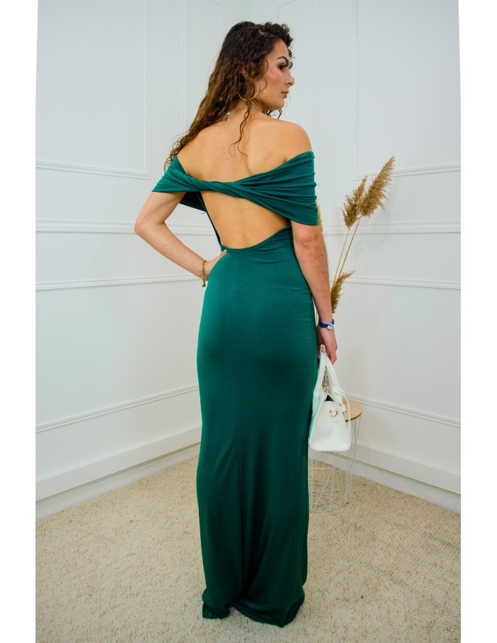 Robe longue vert foncé moulante épaules dénudées – Taille unique 34 à 42