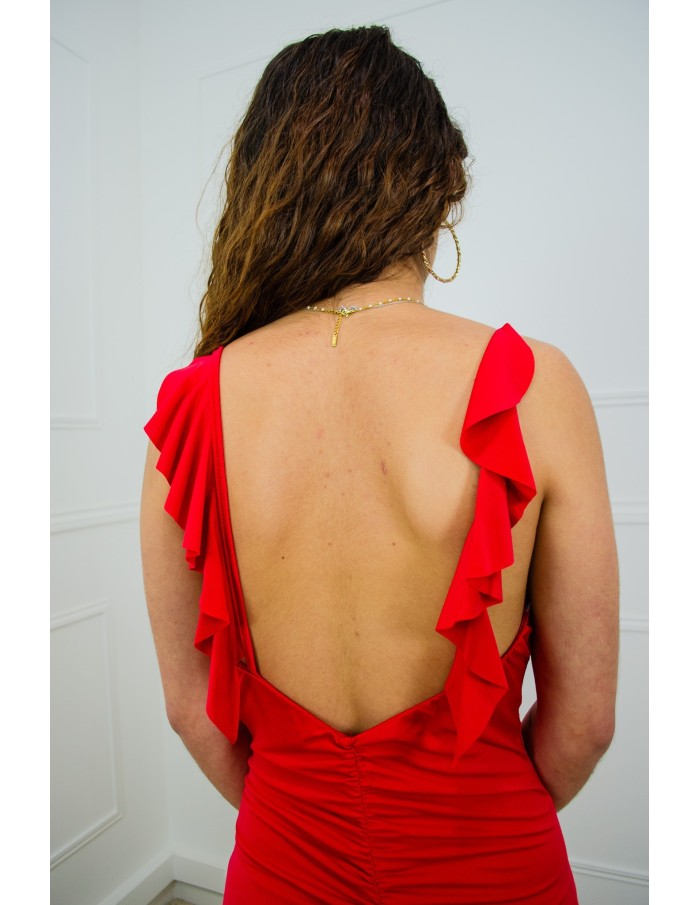 Robe longue rouge à volants - femme - Accueil