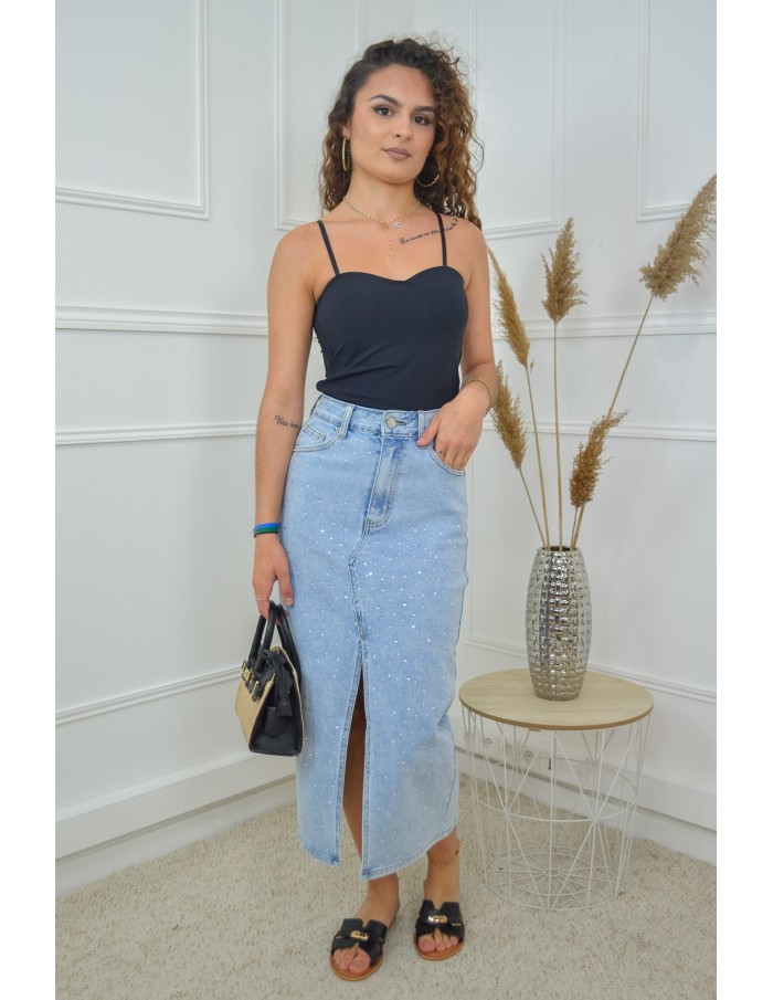 Jupe midi en jean à strass – Ouverture devant – Look tendance