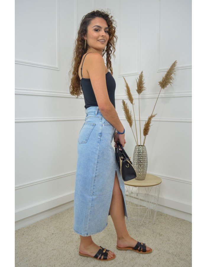 Jupe midi en jean à strass – Ouverture devant – Look tendance