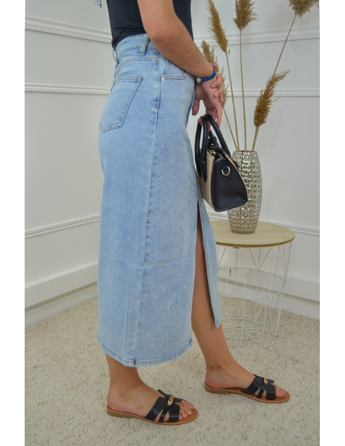 Jupe midi en jean à strass – Ouverture devant – Look tendance