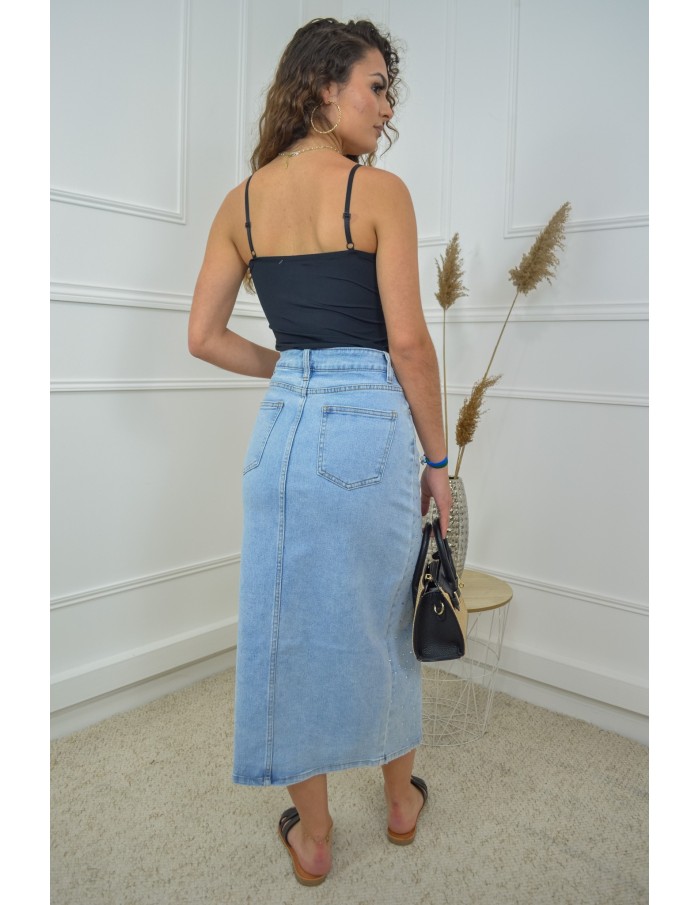 Jupe midi en jean à strass – Ouverture devant – Look tendance