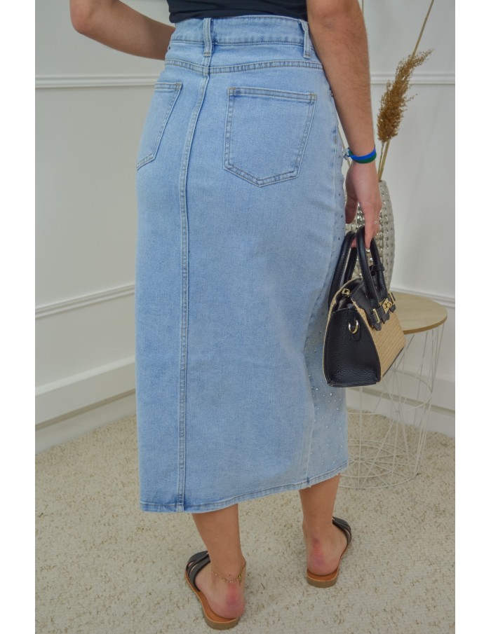 Jupe midi en jean à strass – Ouverture devant – Look tendance