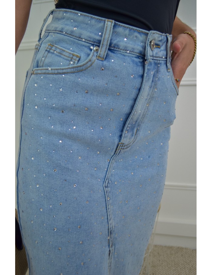 Jupe midi en jean à strass – Ouverture devant – Look tendance