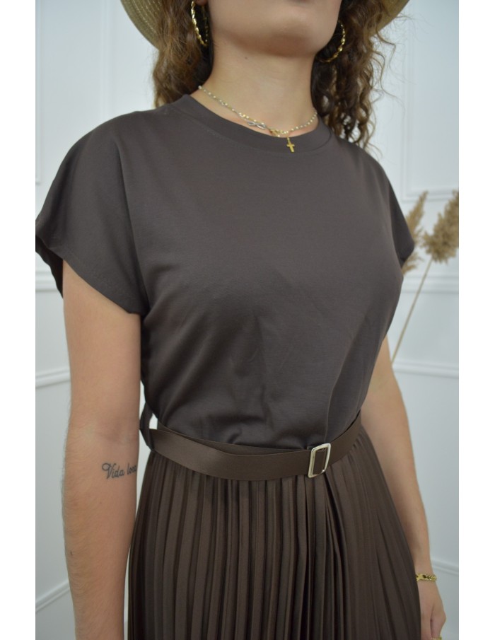 Robe longue marron cintrée avec jupe plissée - femme - Accueil