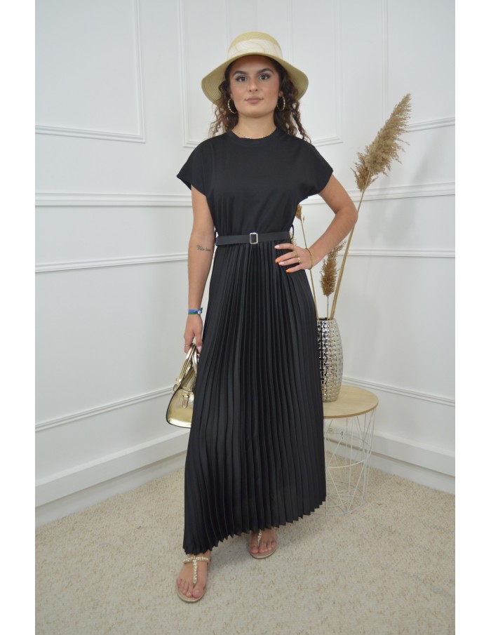 Robe longue noire cintrée avec jupe plissée - femme - Accueil