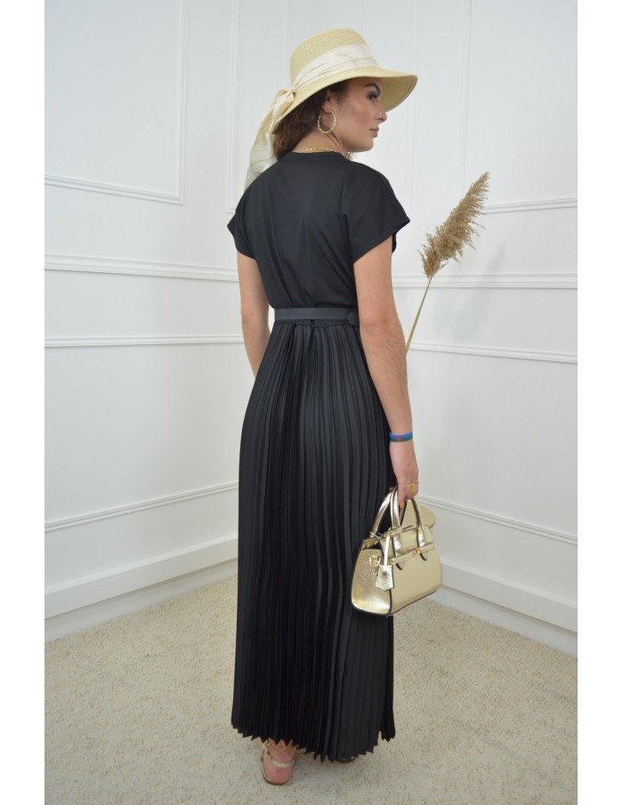 Robe longue noire cintrée avec jupe plissée - femme - Accueil