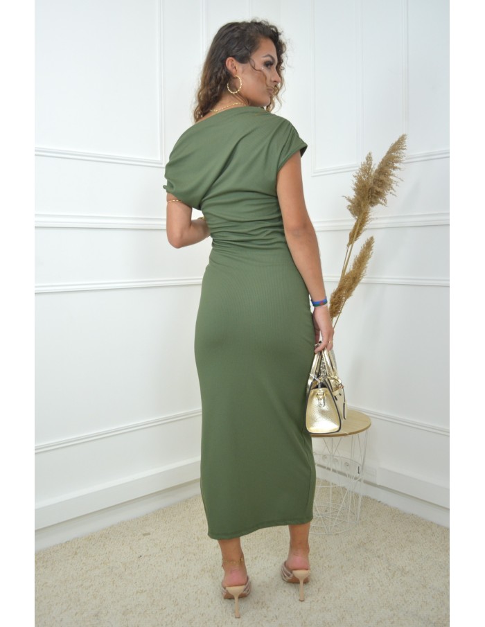Robe asymétrique kaki avec bijou dorés – femme - Accueil