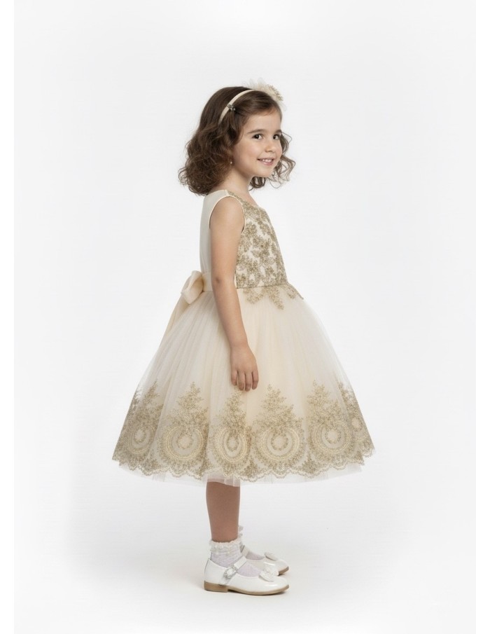 Robe dorée fille – Broderies & nœud satin - Accueil