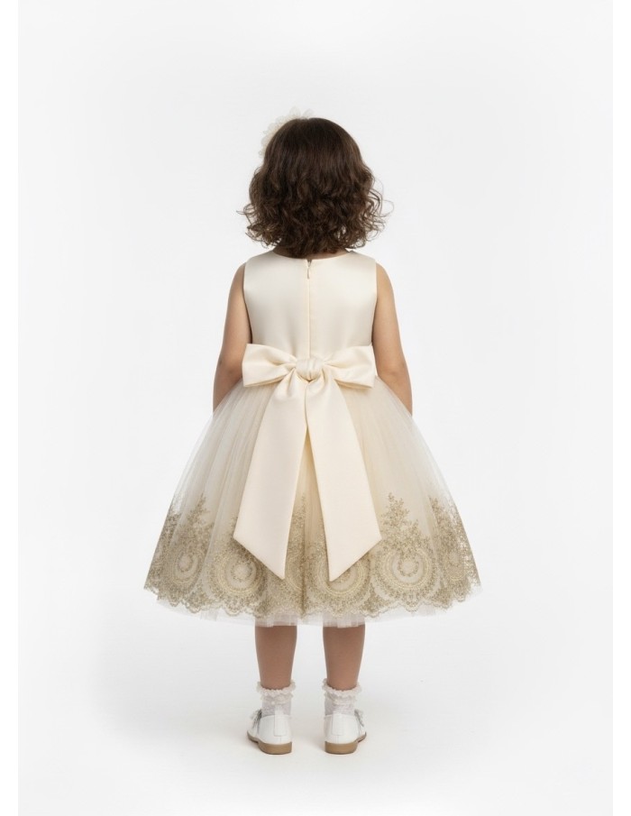 Robe dorée fille – Broderies & nœud satin - Accueil