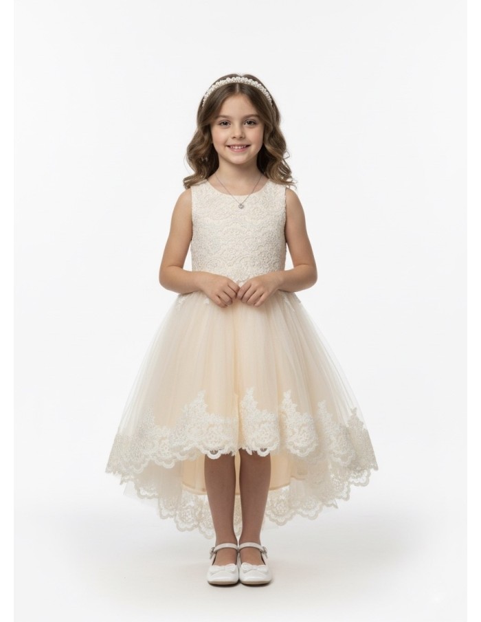 Robe Fille Crème/Abricot – Dentelle & Nœud Satin - Accueil