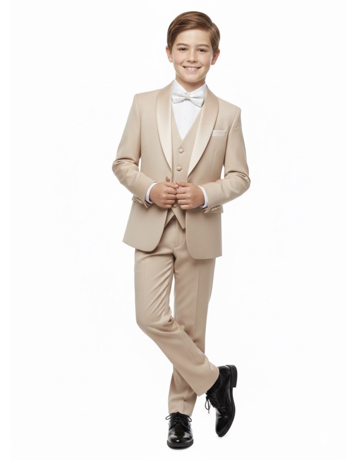 COSTUME BEIGE 5 PIÈCES COL SATIN - GARÇON