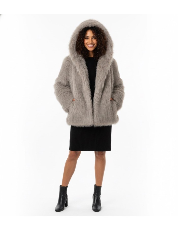 Veste en fourrure taupe à capuche – Femme