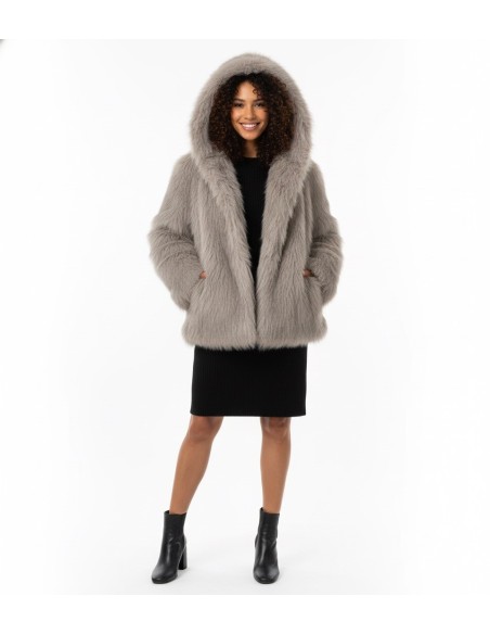 Veste en fourrure taupe à capuche – Femme