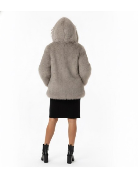 Veste en fourrure taupe à capuche – Femme