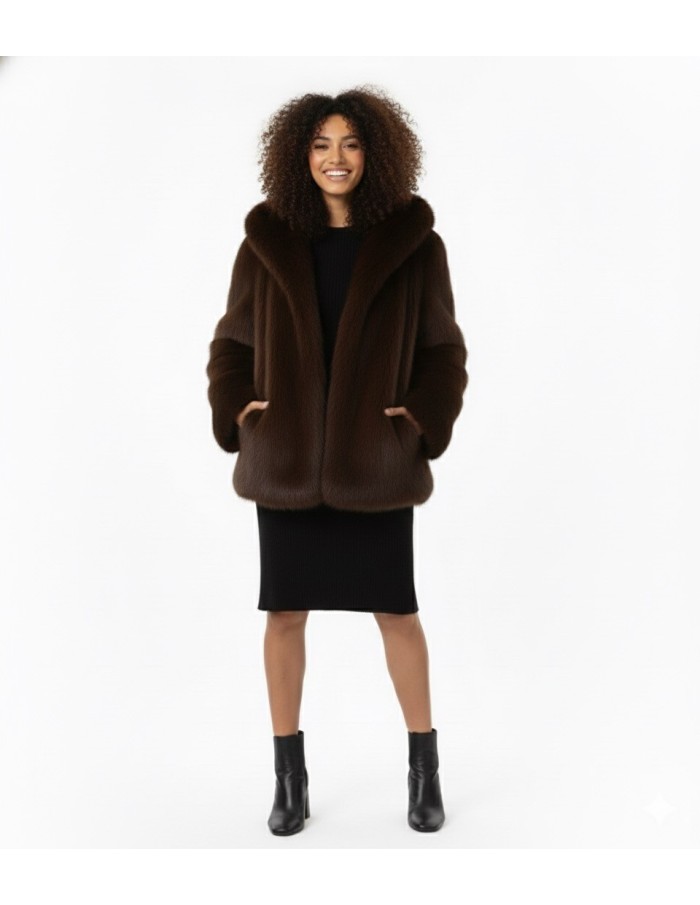 Veste en fourrure marron à capuche – Femme