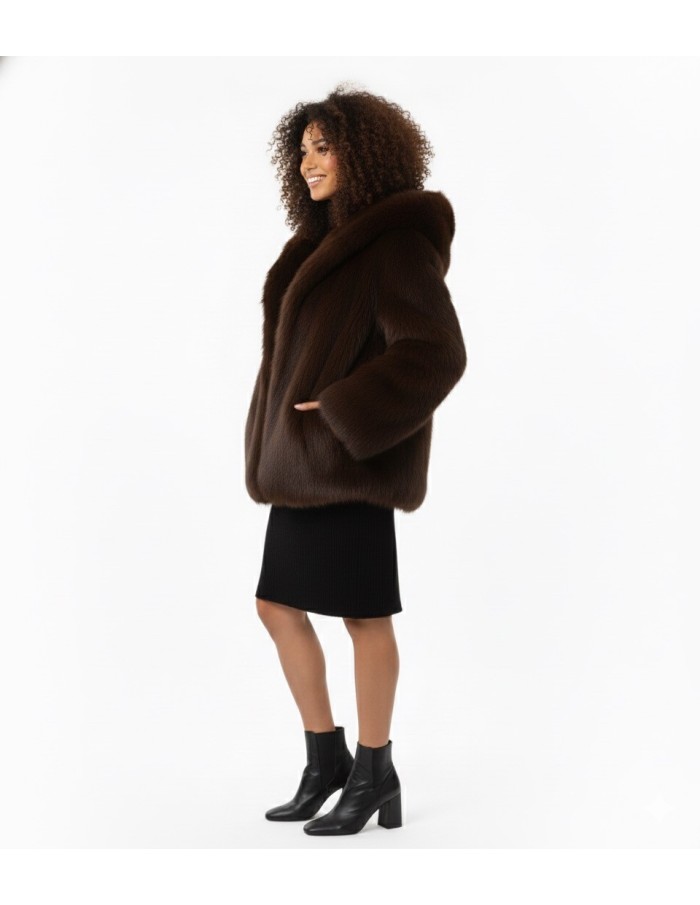 Veste en fourrure marron à capuche – Femme