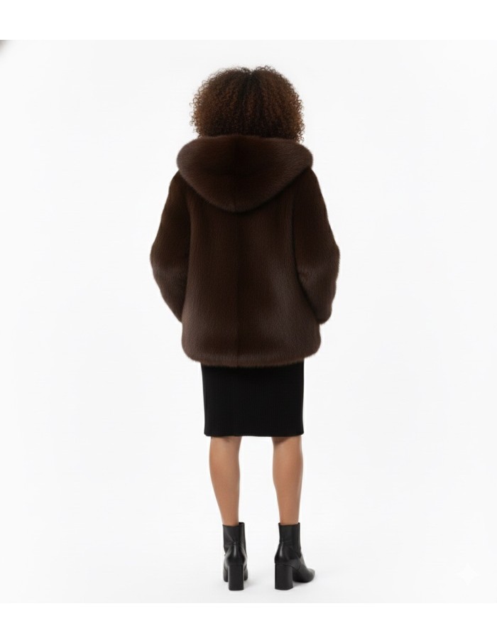 Veste en fourrure marron à capuche – Femme