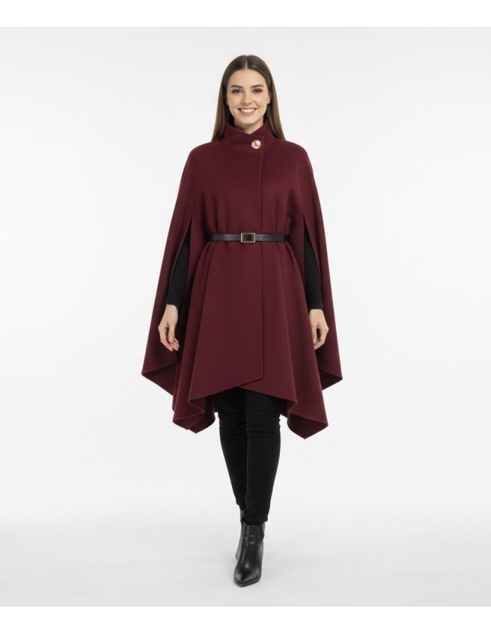 Veste Cape longue bordeaux avec ceinture et boutons doré – Femme