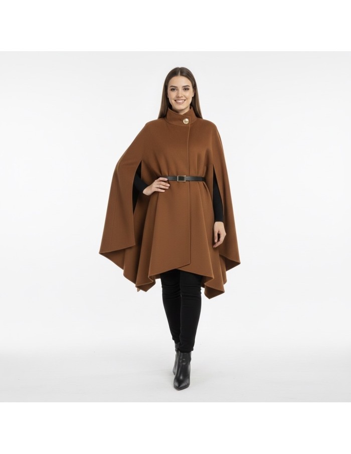 Veste Cape longue marron avec ceinture et boutons dorés – Femme
