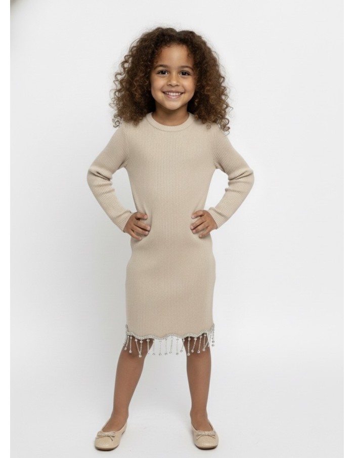 Robe beige manches longues à strass – fille 4 à 14 ans
