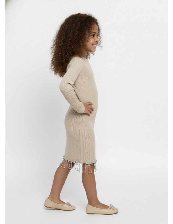 Robe beige manches longues à strass – fille 4 à 14 ans