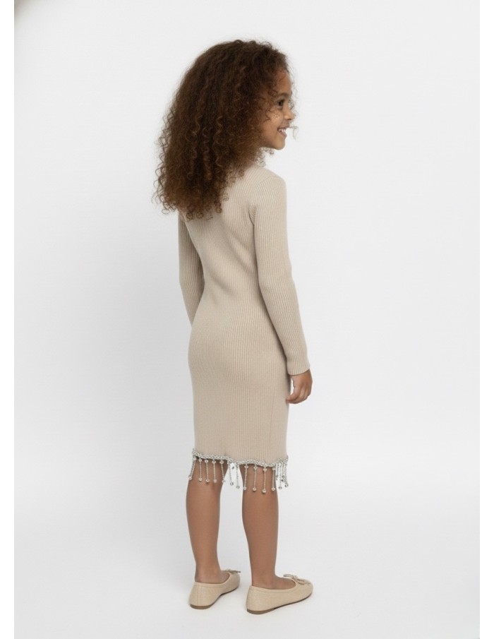 Robe beige manches longues à strass – fille 4 à 14 ans