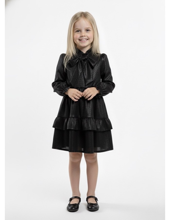 Robe noir courte en tissu brillant effet drapé – fille 4 à 14 ans - Accueil