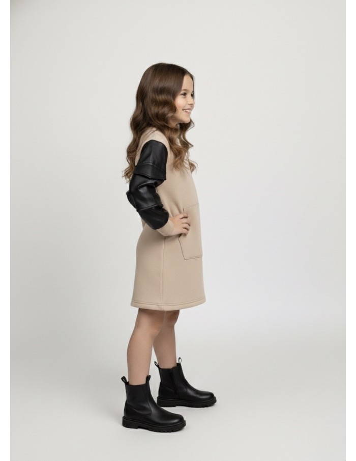 Robe pull beige avec manches en similicuir – Fille 4 à 14 ans