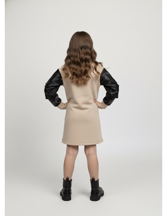 Robe pull beige avec manches en similicuir – Fille 4 à 14 ans