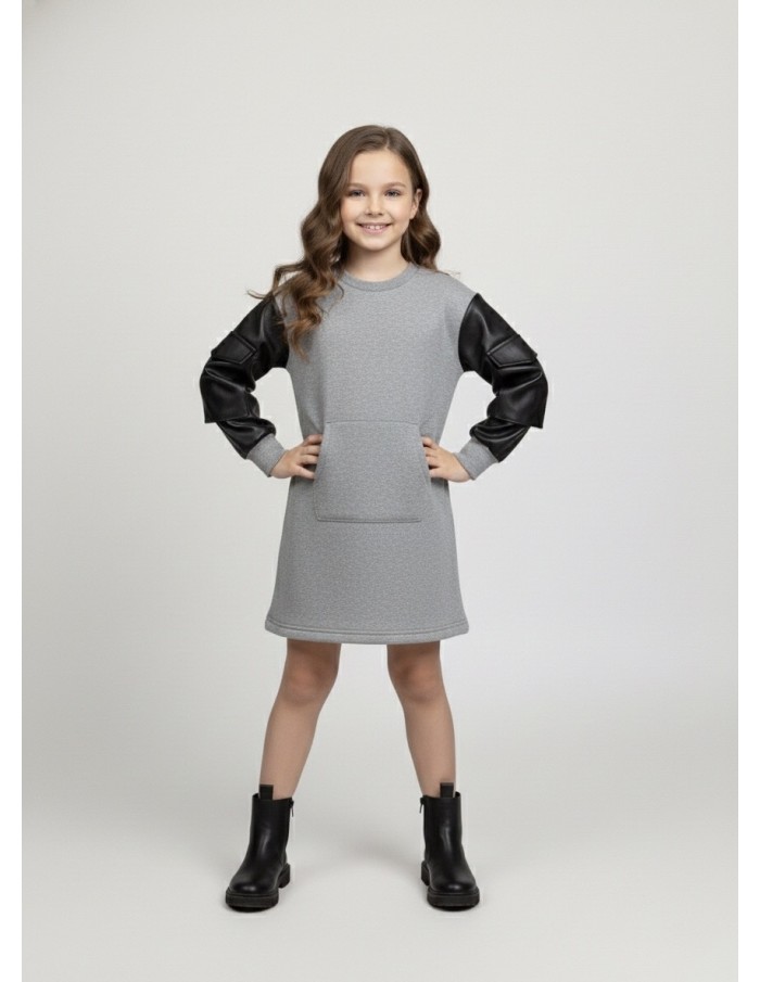 Robe pull grise avec manches en similicuir – Fille 4 à 14 ans