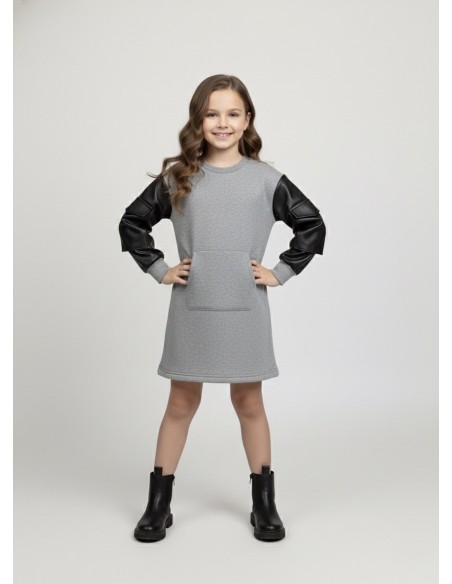 Robe pull grise avec manches en similicuir – Fille 4 à 14 ans