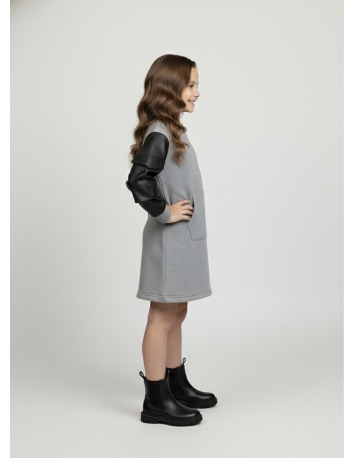 Robe pull grise avec manches en similicuir – Fille 4 à 14 ans