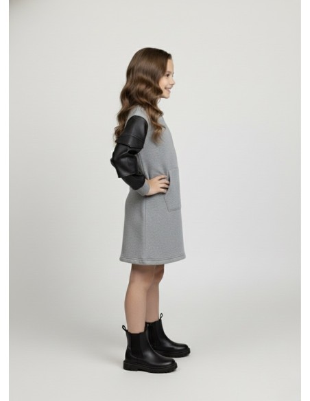 Robe pull grise avec manches en similicuir – Fille 4 à 14 ans