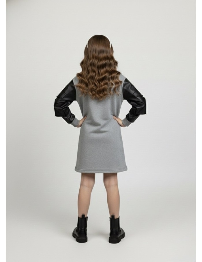 Robe pull grise avec manches en similicuir – Fille 4 à 14 ans