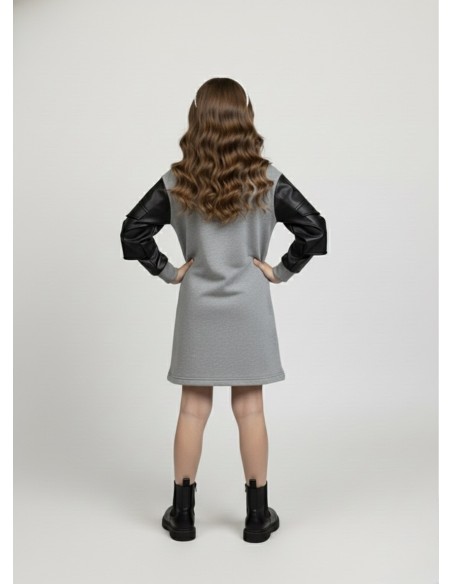 Robe pull grise avec manches en similicuir – Fille 4 à 14 ans