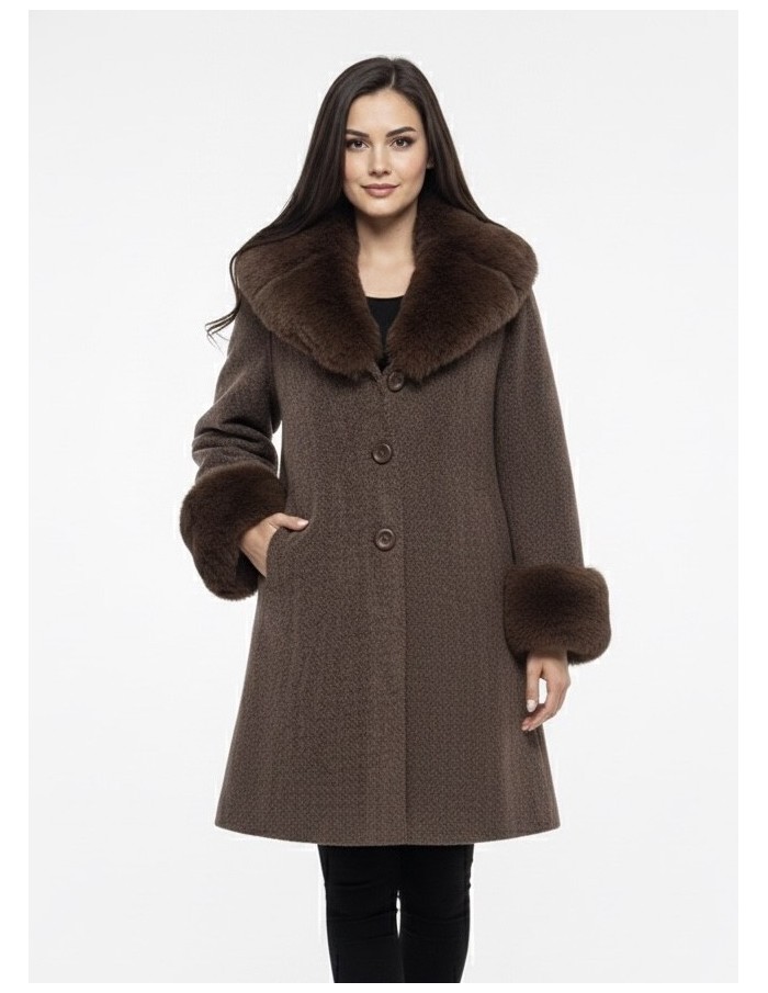 Manteau marron avec Col et Poignets Fourrure - FEMME