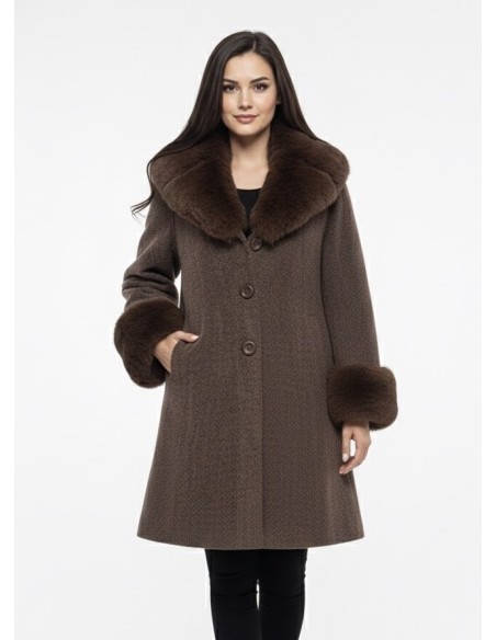 Manteau marron avec Col et Poignets Fourrure - FEMME