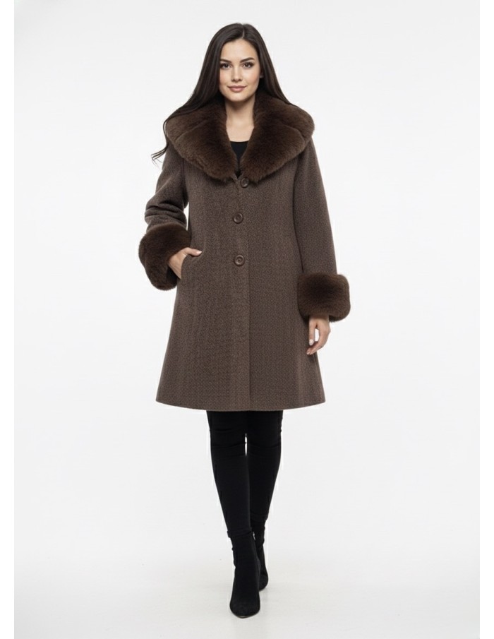 Manteau marron avec Col et Poignets Fourrure - FEMME